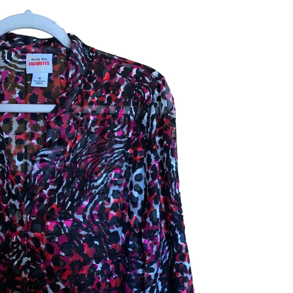 Ruby Rd Shirt Womens 10 Multicolor Textured Roll Tab Sleeves Button Up Blouse - Image 3