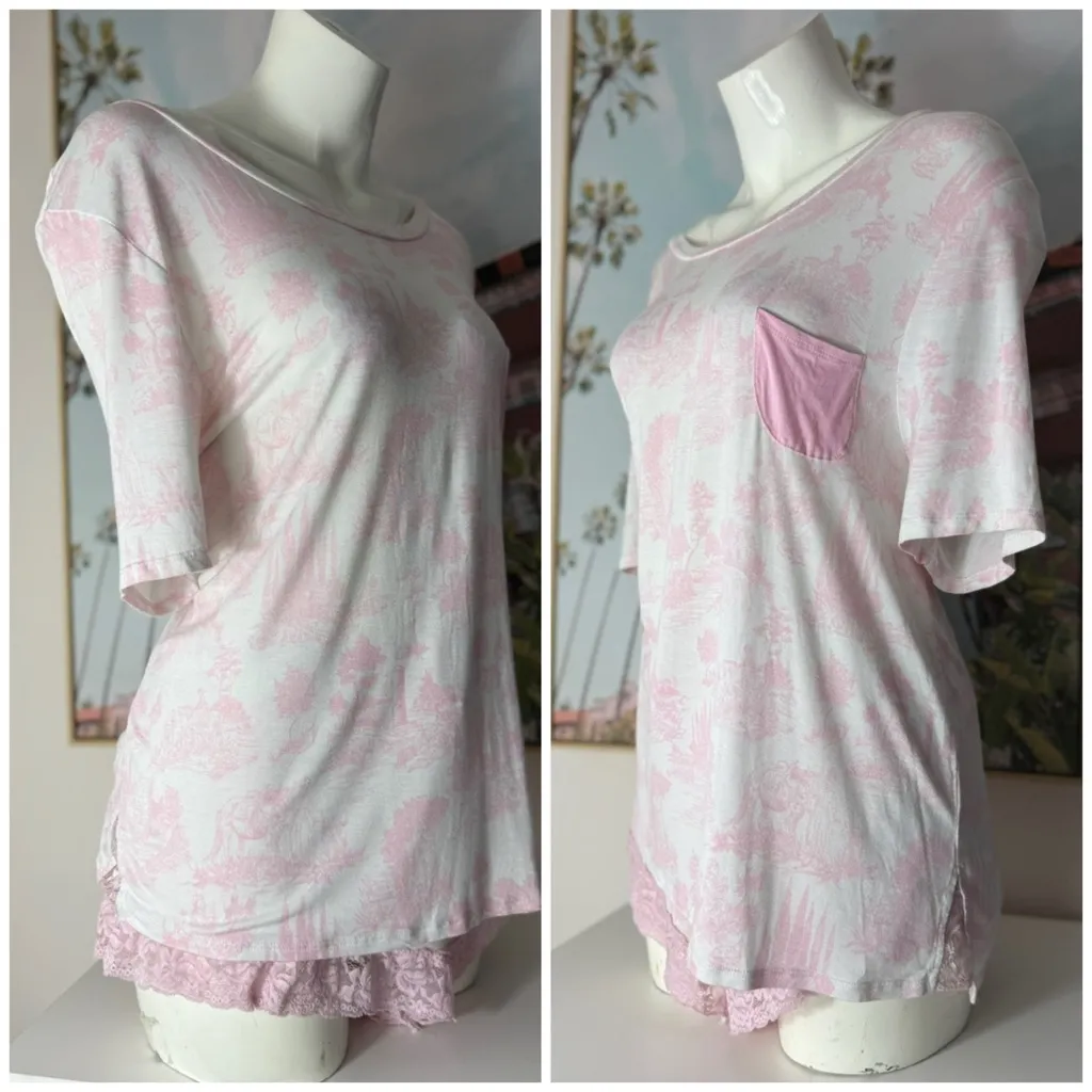 Honeydew White Pink Toile Lace Trim Pajama Set Shirt & Shorts Sleepwear Size XL - Image 7