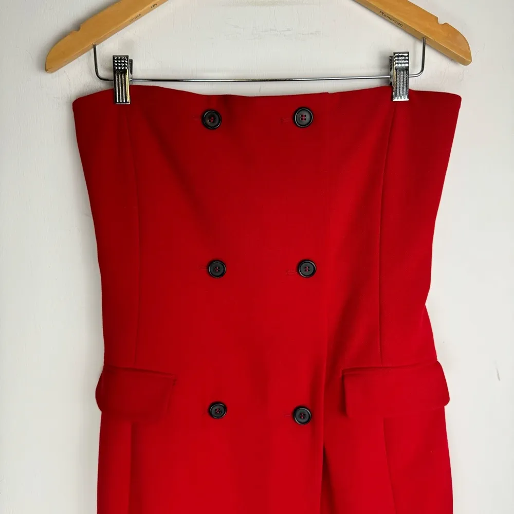 NWT ZARA Red Strapless Midi Dress Sz Medium Flap Pockets Buttons - Image 7
