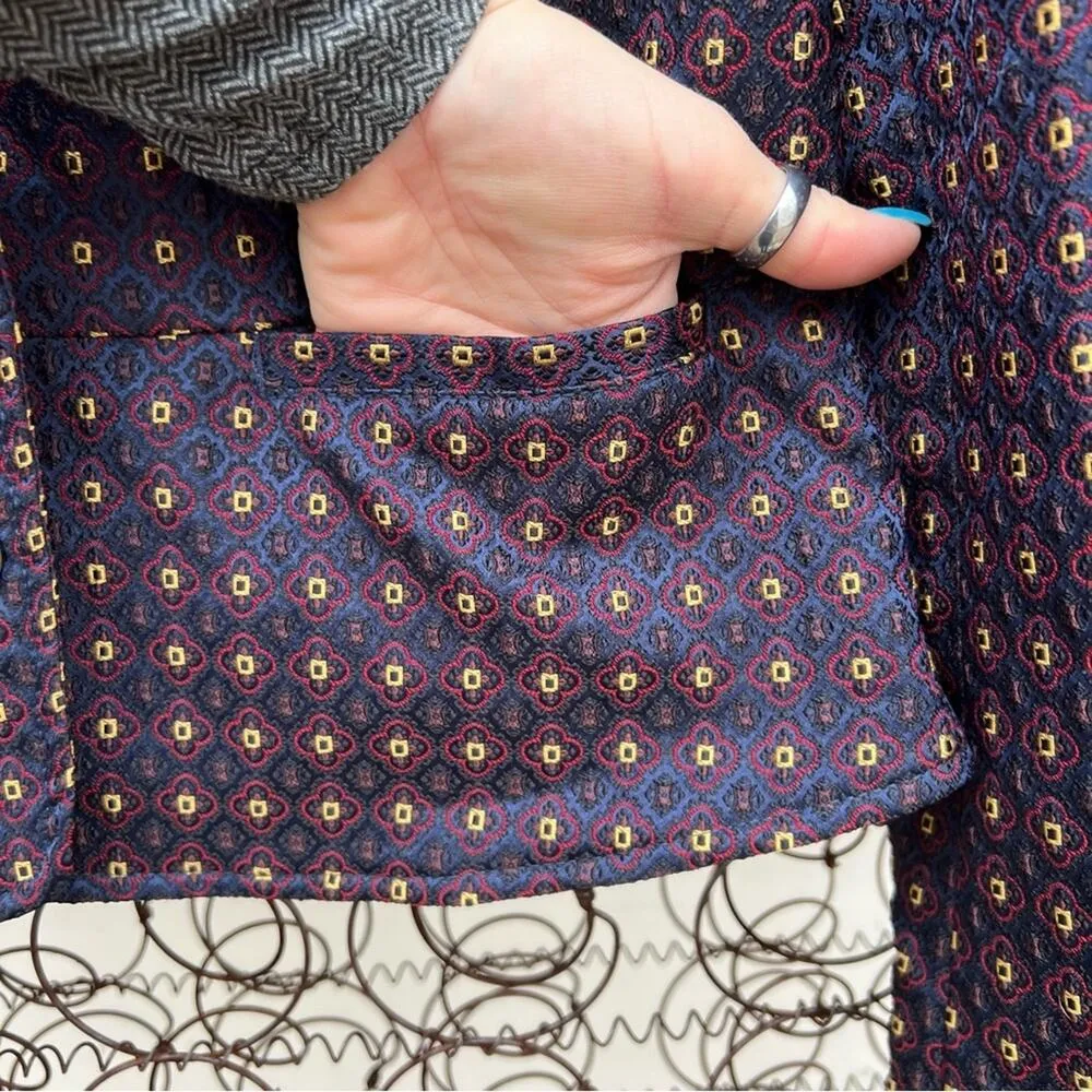 Free People Shrunken Jacquard Jacket Blazer Navy Maroon Geometric SMALL - Image 7