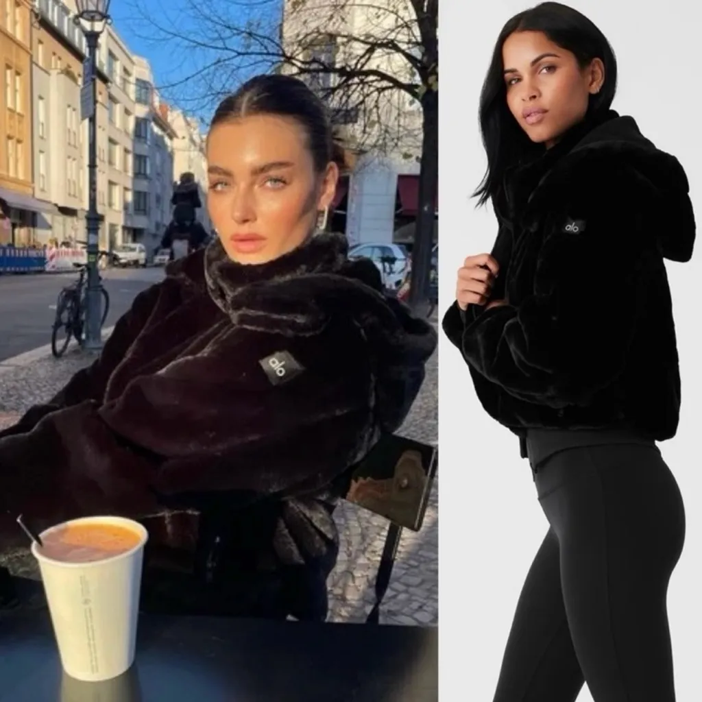 Alo Yoga Foxy Faux Fur Black  Crpped Jacket With Removable Hoodie Size Small - Image 2