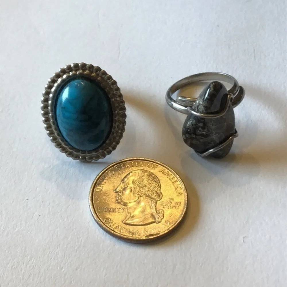 Vintage Silver Tone Turquoise & Stone Adjustable Rings - Image 5