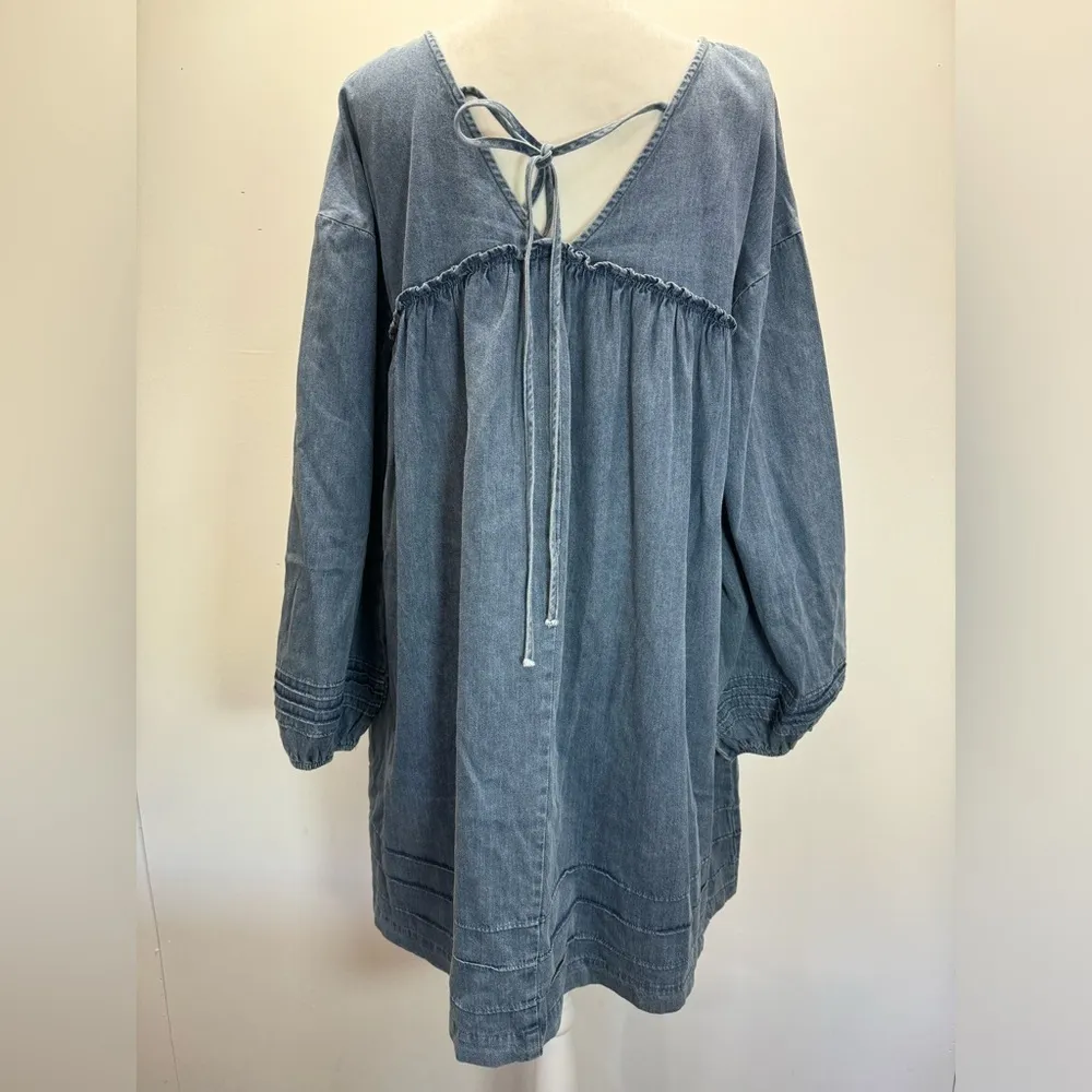 Denim Chambray Babydoll Swing Dress Mittoshop Long Sleeve Pleated Western Boho - Image 3