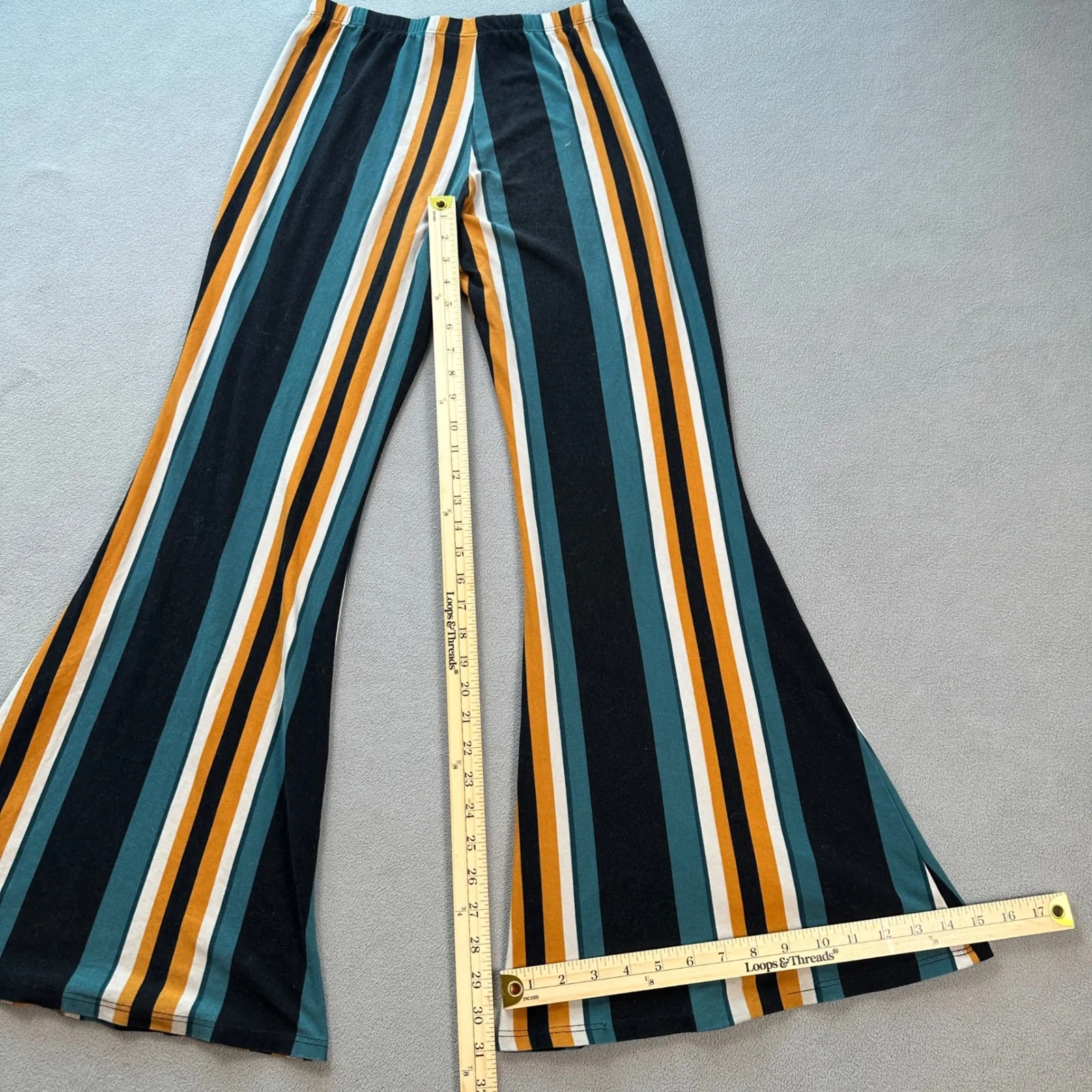 Womens Striped Flare Bell Bottom Pants 27x31 Elastic Stretch Waist Retro Boho Black - Image 2