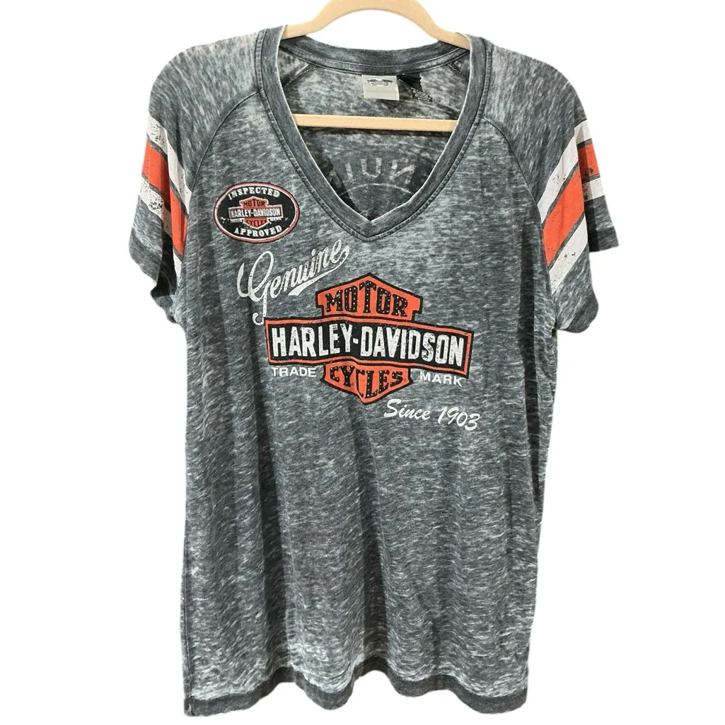 HARLEY-DAVIDSON Genuine Oil Can Burnout Tee XXL 22.5” P2P Gray/Orange EUC - Image 2