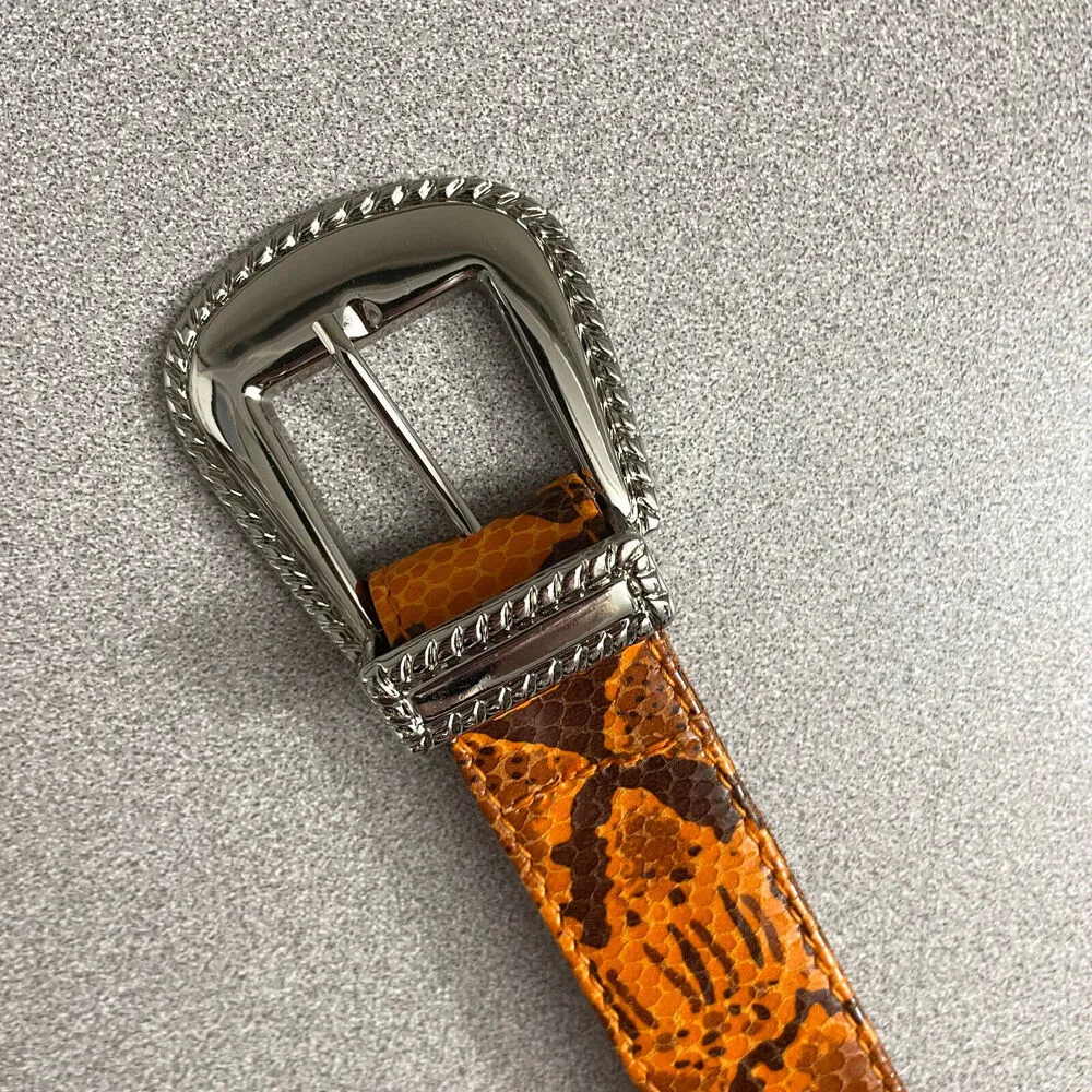 GRLFRND Leather Belt Large Womens Orange Snake Print Silver Buckle Rope 1.25" - Image 2