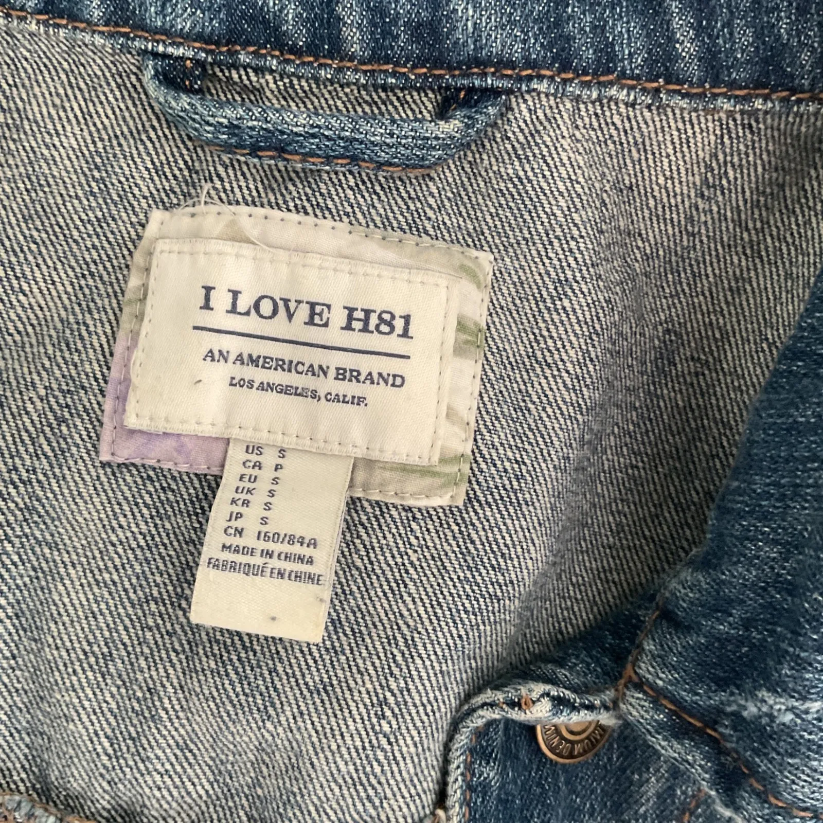 I LOVE H81 American Brand Denim Jean Jacket Blue Distressed Cropped Size S - Image 4