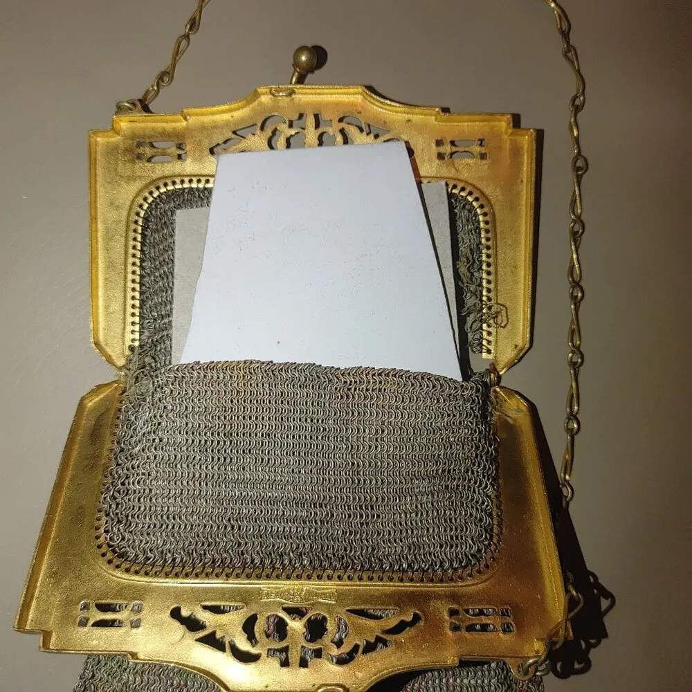 Vintage Whiting Davis Mesh Purse Chain Strap Gold Floral Frame Art Deco Bag - Image 5