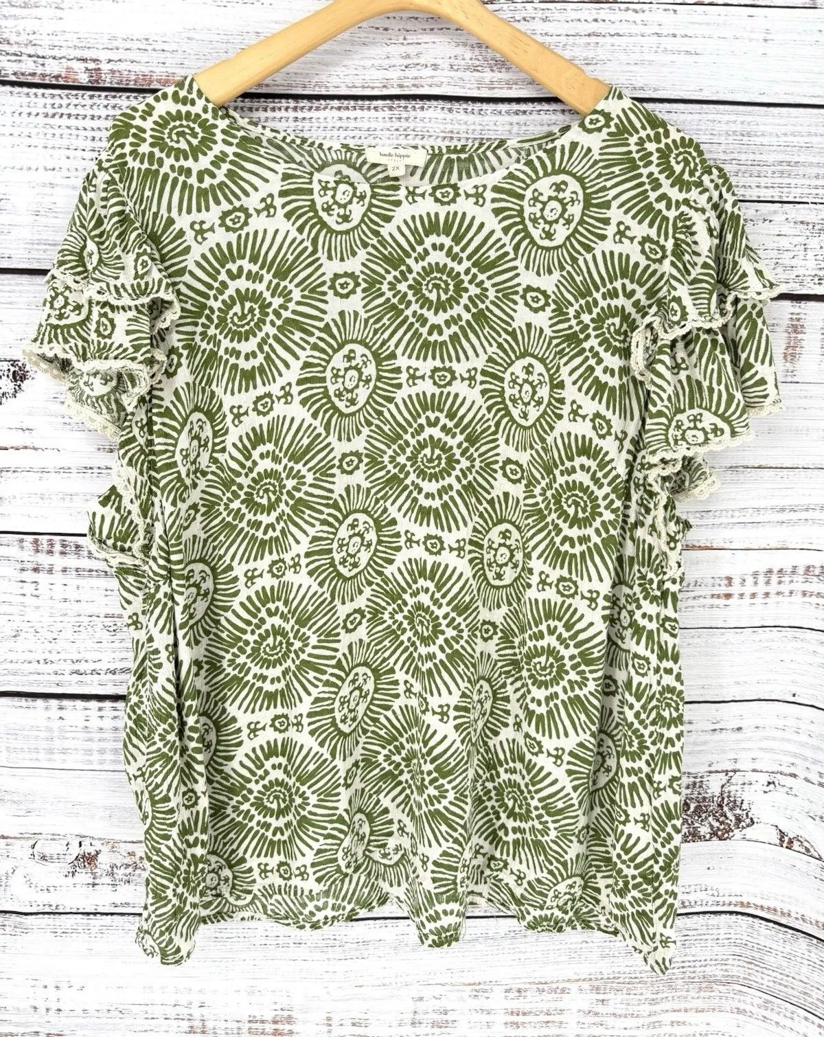 Haute Hippie Flutter Sleeve Boho Blouse Women's 2X Green Sunburst Crochet Rayon - Image 1