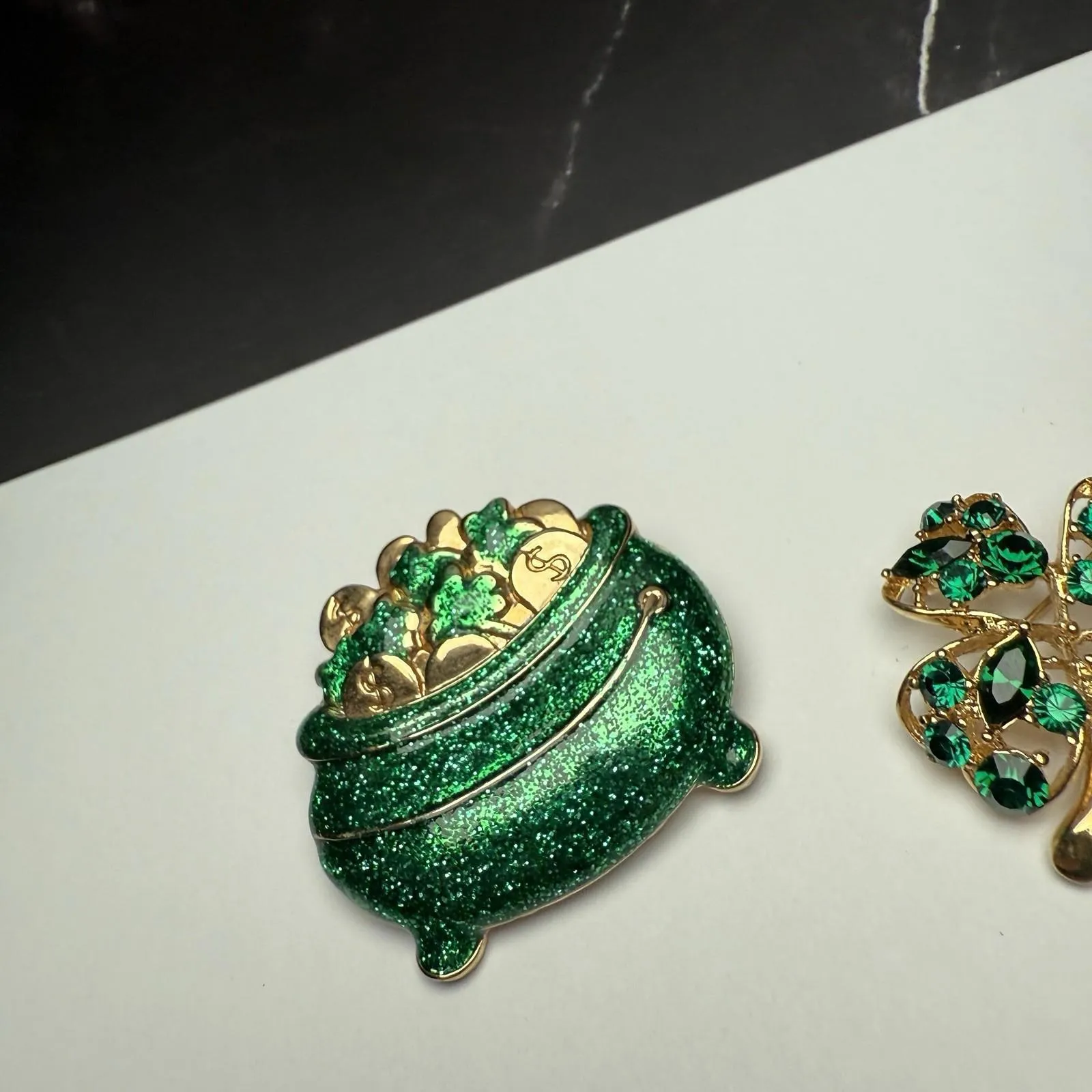 Four Leaf Clover Shamrock & Pot Of Gold Brooch Pin Lot Of 2 St Patrick’s Green - Image 12