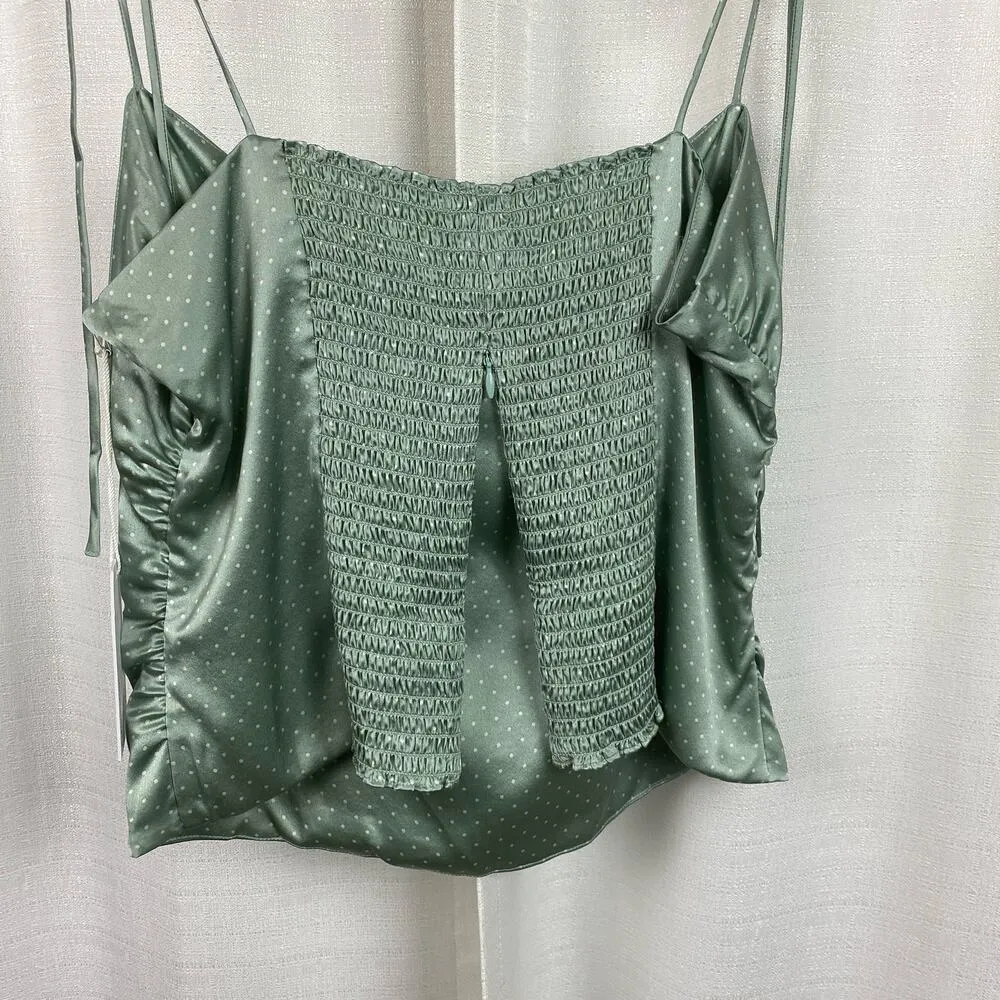 Reformation Lucrezia Teal Green Smocked Polka Dot Silk Charmeuse Top Sz.12 NWT - Image 14