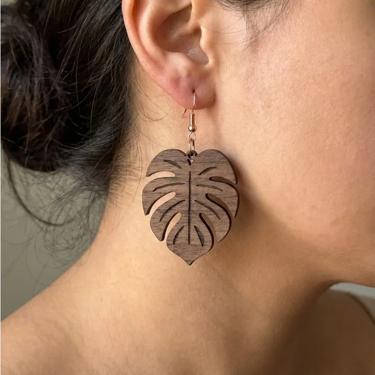 Natural Brown Walnut Wood Monstera Leaf Earrings - Image 2