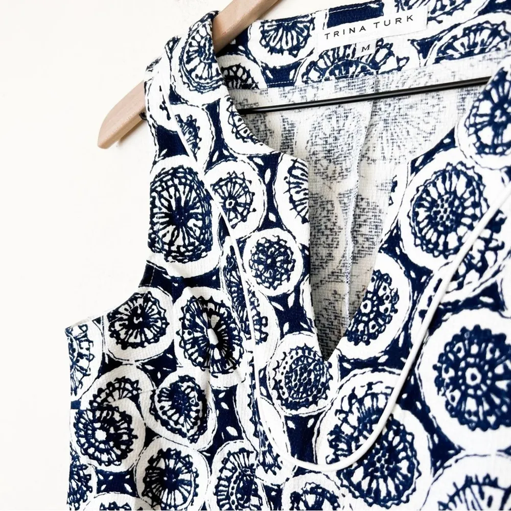 Trina Turk Endearing Print Pom Pom Tassel Trim Batik Sleeveless Tank Top Blouse - Image 9