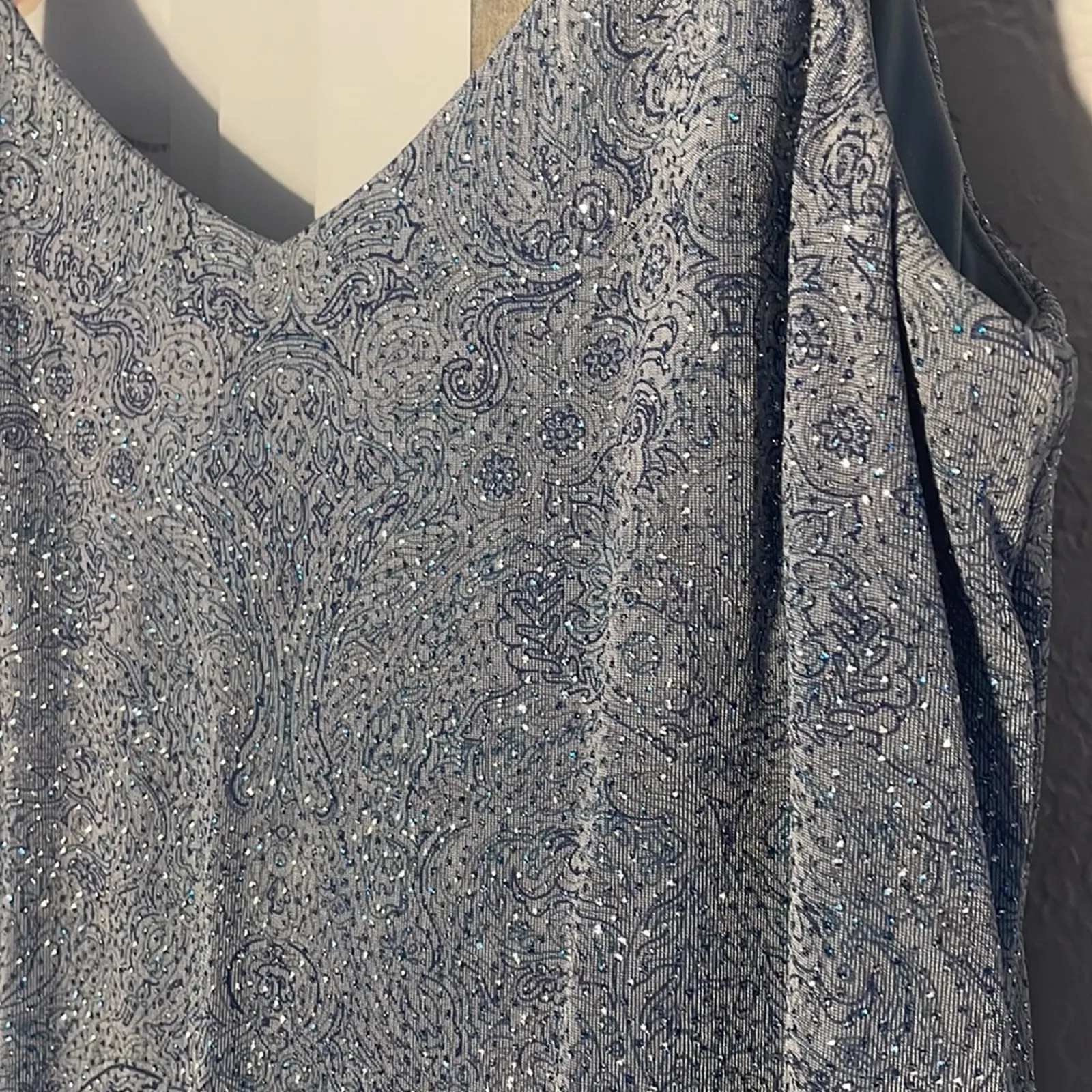 Alex Evenings Gray Smoky Blue Jersey Dress Sparkly Glitter Minimalist Gala Event - Image 3