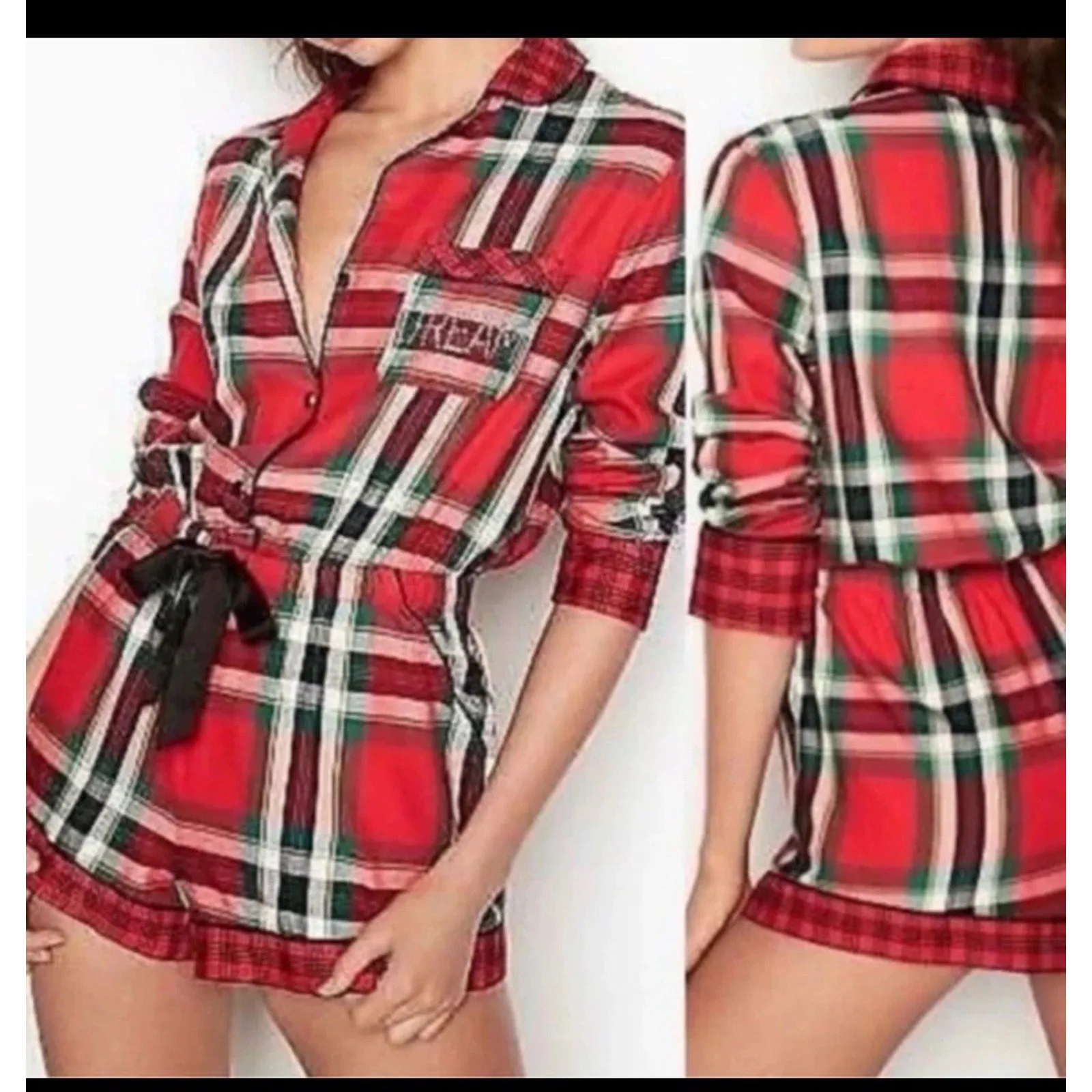 Victoria Secret Plaid Dream Romper Holiday Pajamas Medium 2416 - Image 2