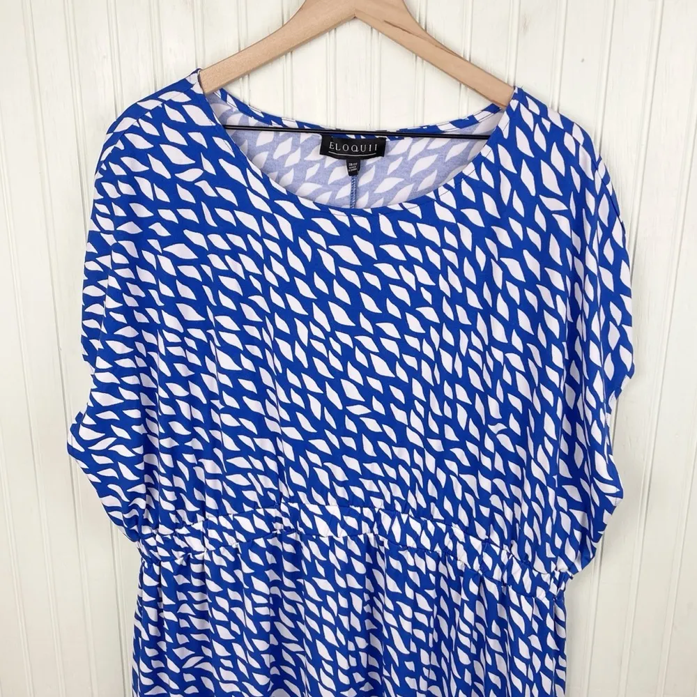 NEW Eloquii Blue White Print Drop Shoulder Blouson Midi Dress Plus Size 18/20 - Image 6