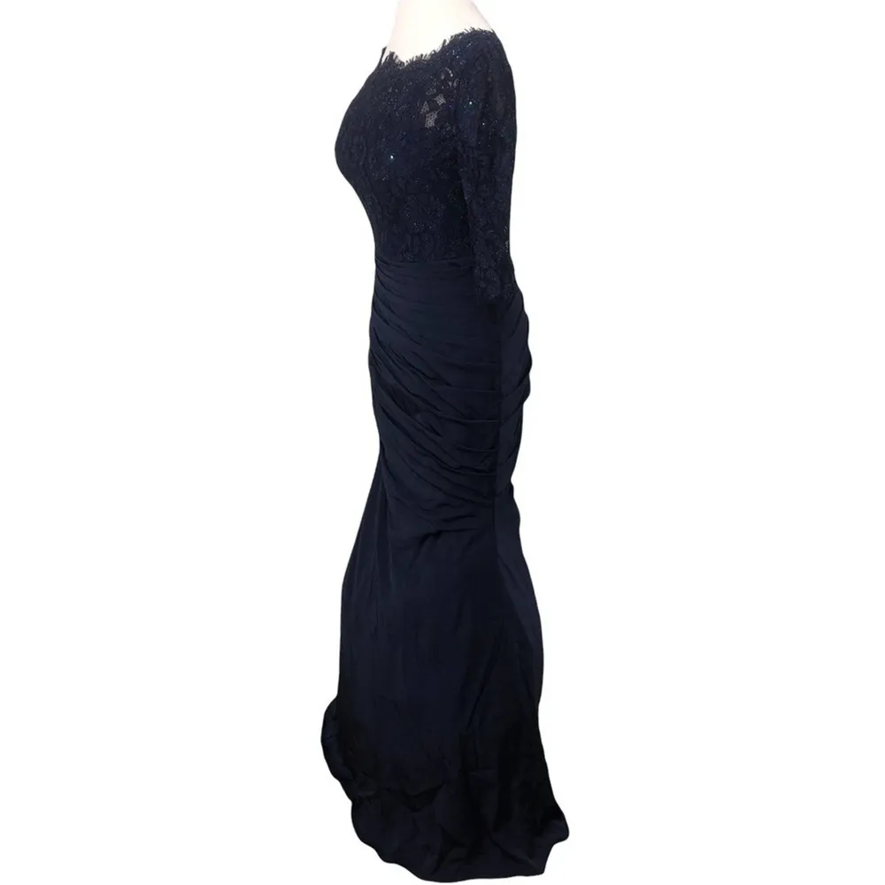 La Femme Gathered Lace Mermaid Gown Navy 24926 Size 6 NWT - Image 4