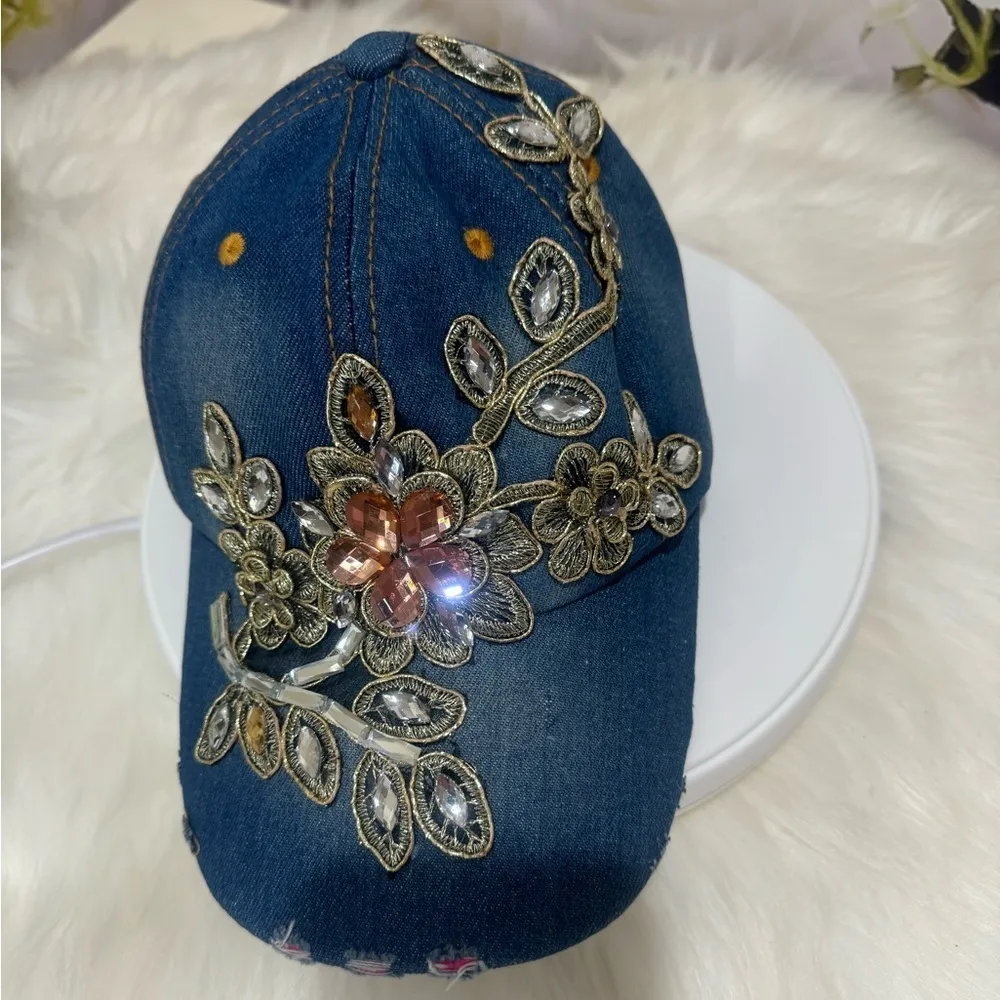 Denim Rhinestone Flower Cap Blue - Image 3