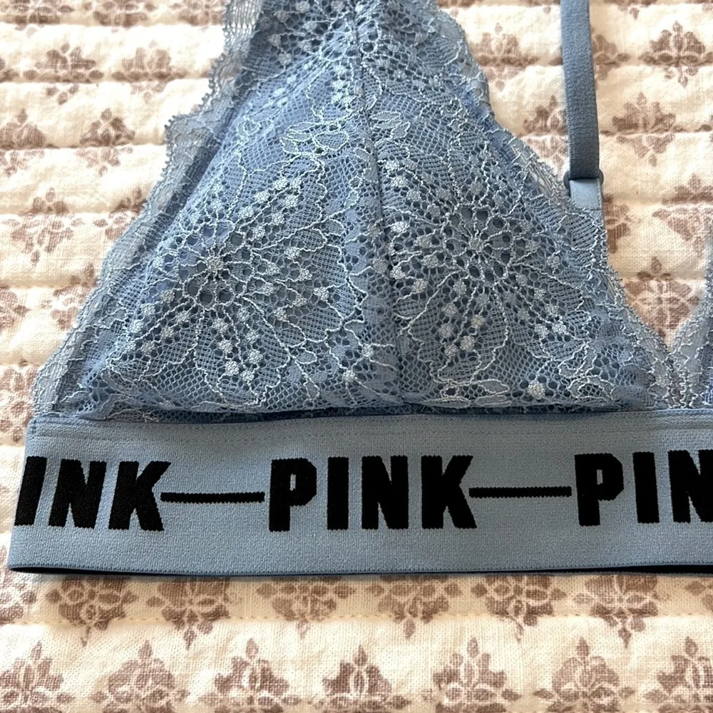 VS Pink Logo Band Padded Lace Racerback Bralette Light Blue Size Small - Image 2
