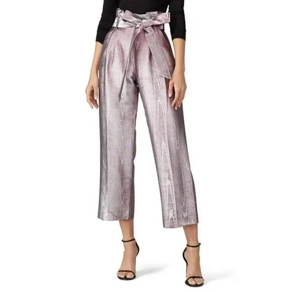 Badgley Mischka Pink Silver Metallic Wide Leg Paperbag Tie Waist Pants Size 14 - Image 9
