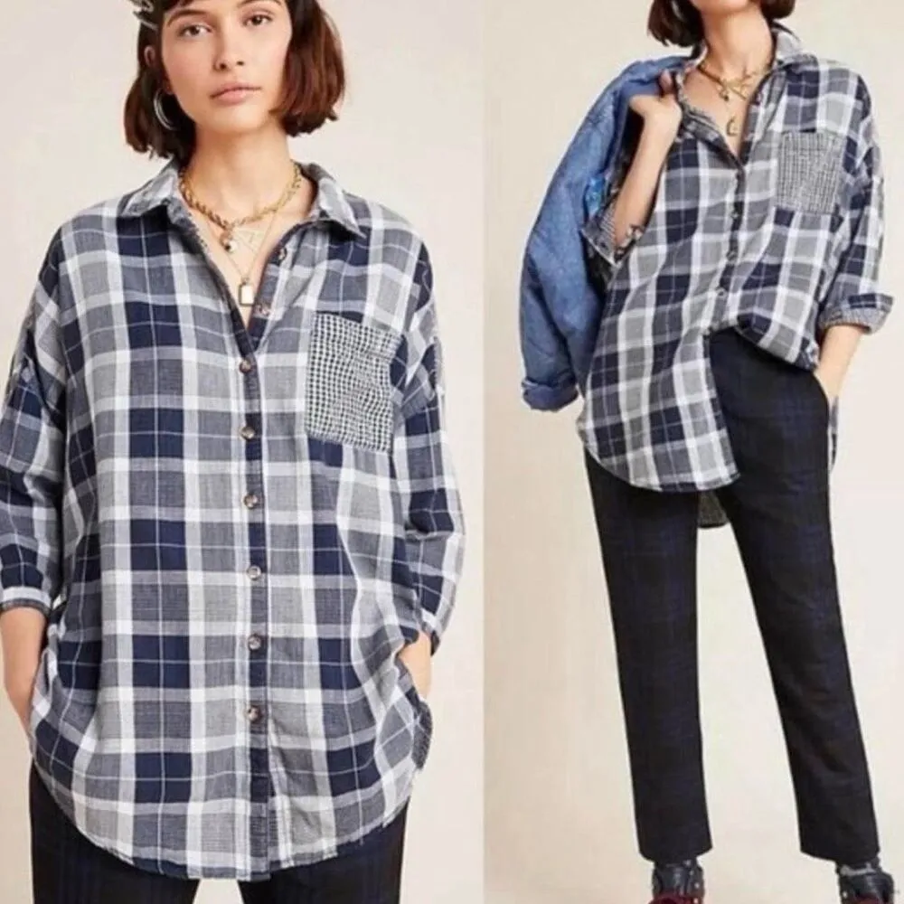 Anthropologie pilcro the letterpress blue plaid boyfriend collared flannel m/l - Image 2