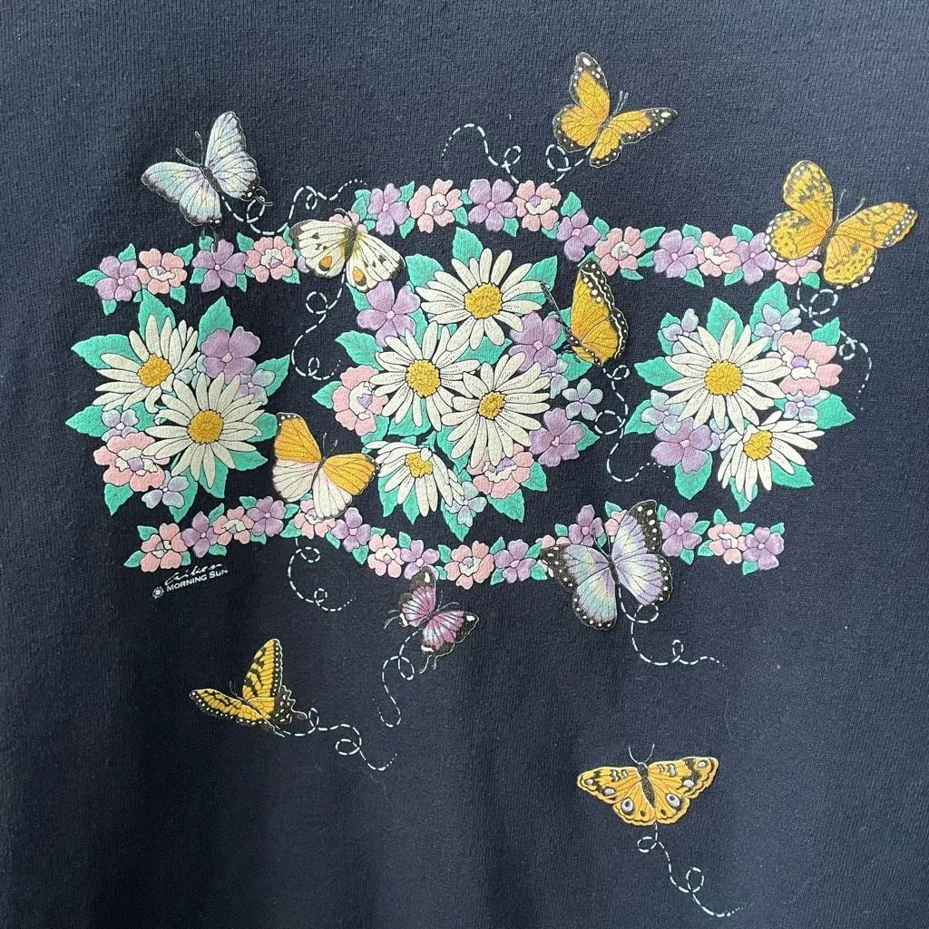 Vintage 80s Layered Look Graphic Sweatshirt Flowers Butterfly L Blue Size L - Image 3