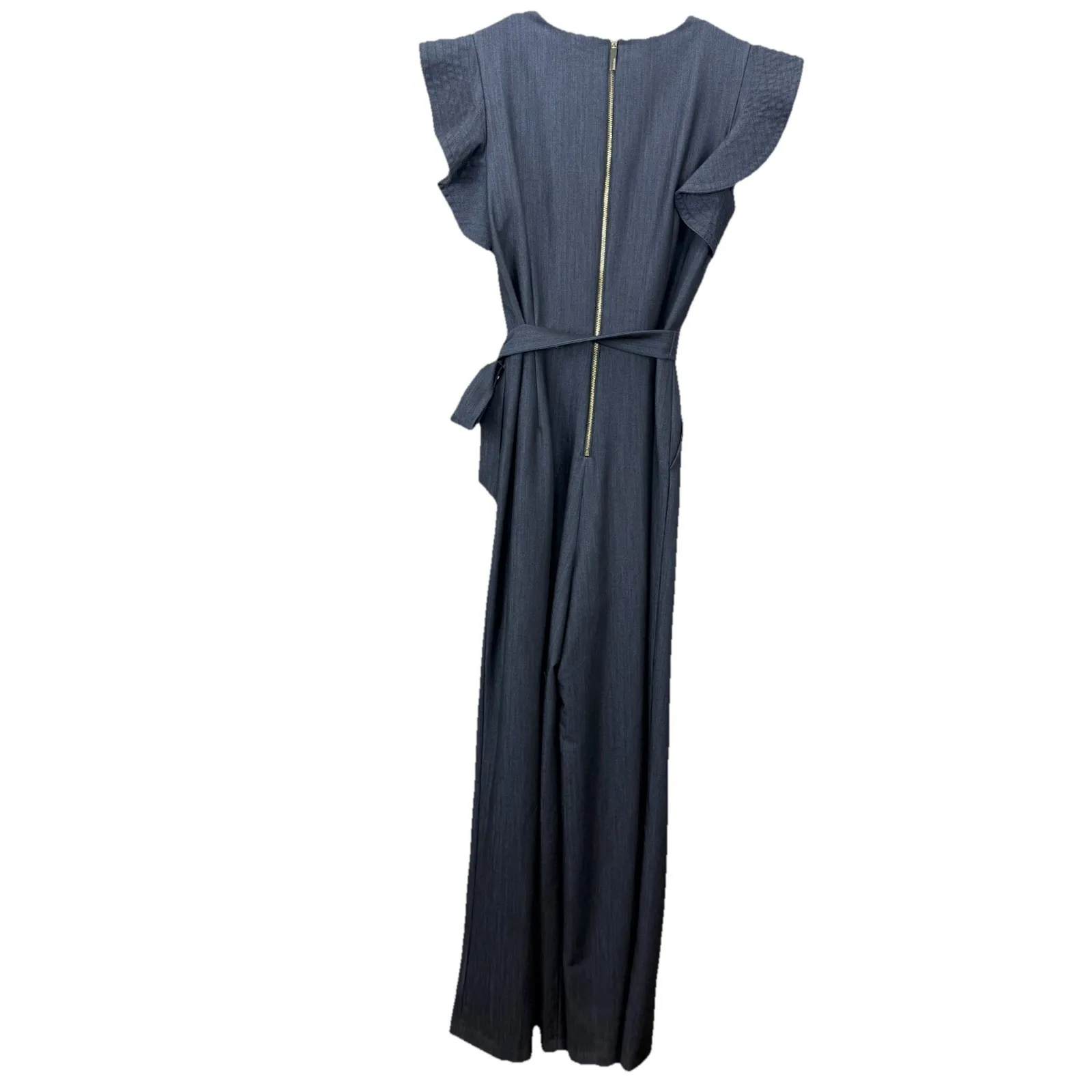 Calvin Klein Chambray Denim Ruffle Sleeve Belt‎ Wide Leg Crop Jumpsuit Pockets 6 - Image 8