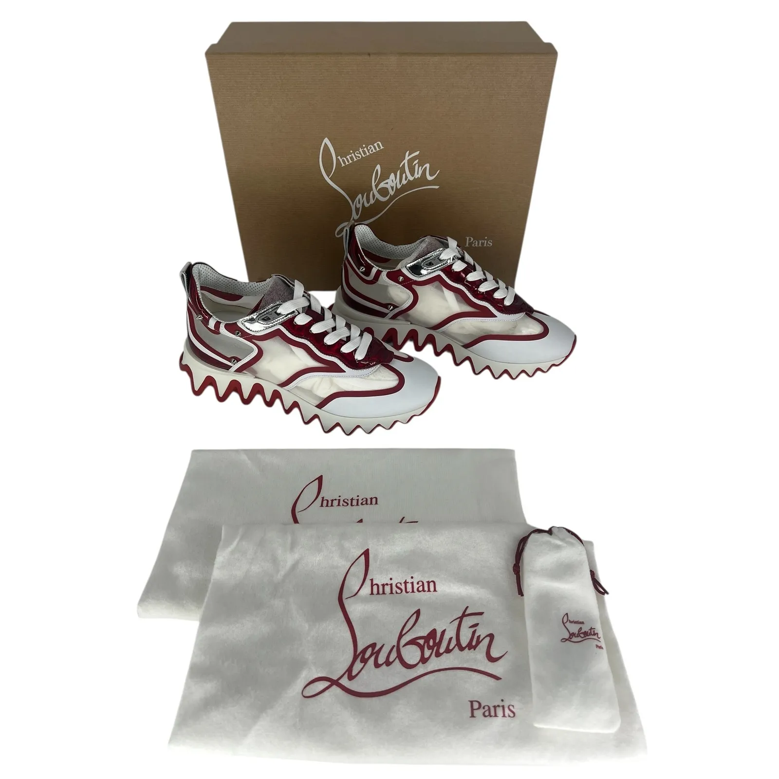 Christian Louboutin Sharkina Sneakers in White Mesh & Red Patent Leather - Image 4