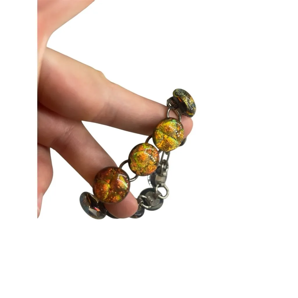 Ladies Round Copper orange dichroic glass bead bracelet artsy autumn colors - Image 3