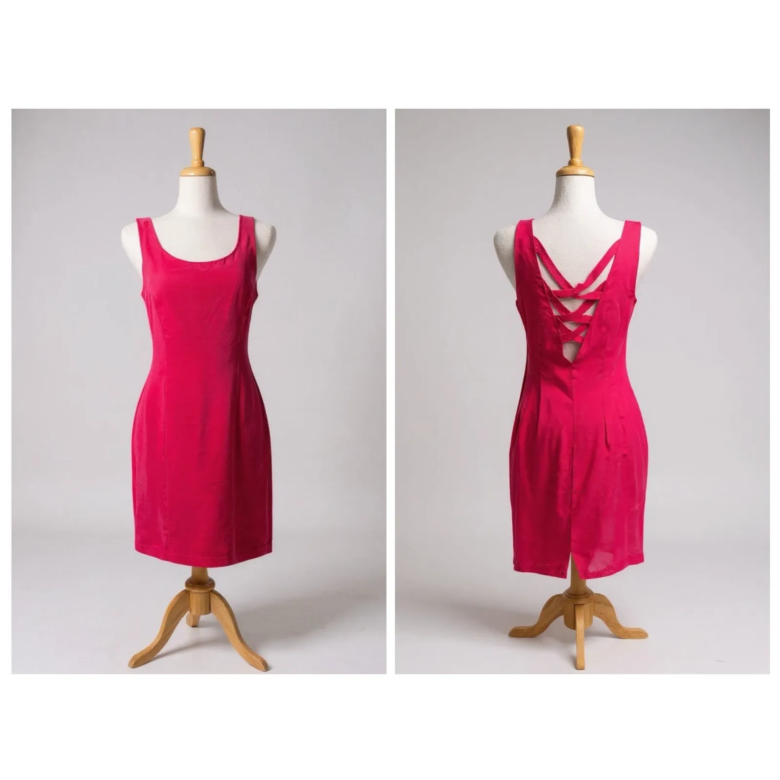 VTG Y2K Maggie London Silk Mini Dress S 8 Hot Pink Strappy Sheath Party Cocktail - Image 2