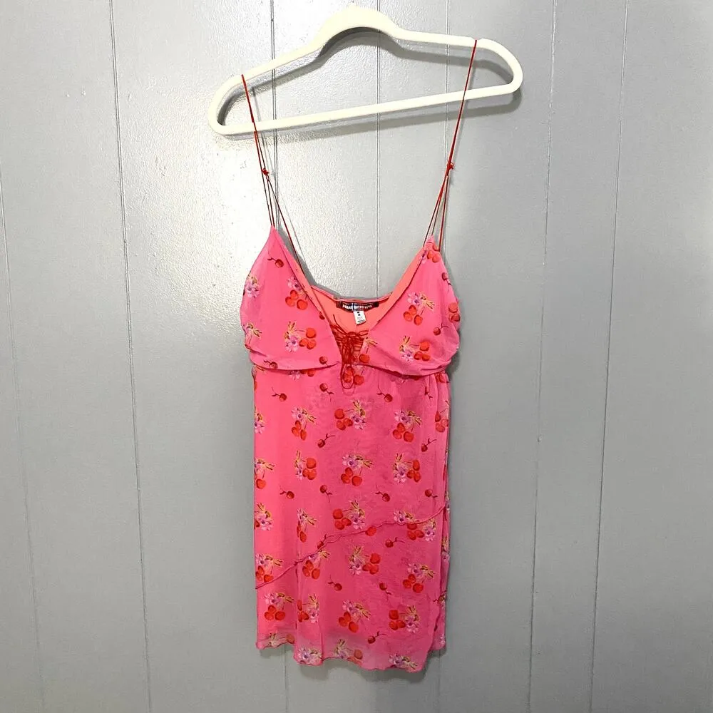 NEW Urban Outfitters Pink Cherry Mesh Summer Bright Side Lace-up Mini Dress M - Image 3