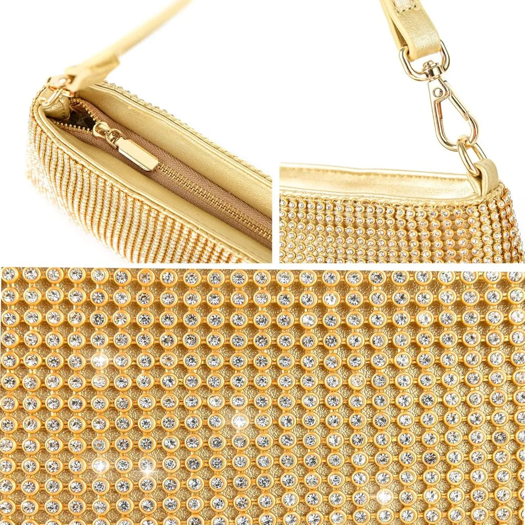 ⚡ Women's Beautiful Rhinestone Gold Sparkly Handle Chain Evening Clutch Bag - Image 6