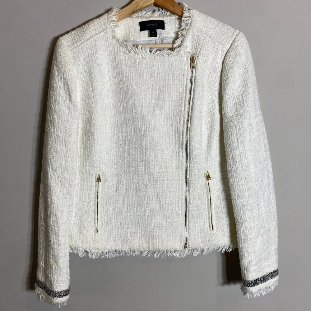 J.Crew Tweed Motorcycle Jacket with Fringe Women's 12 White Gold Career Preppy - Image 6