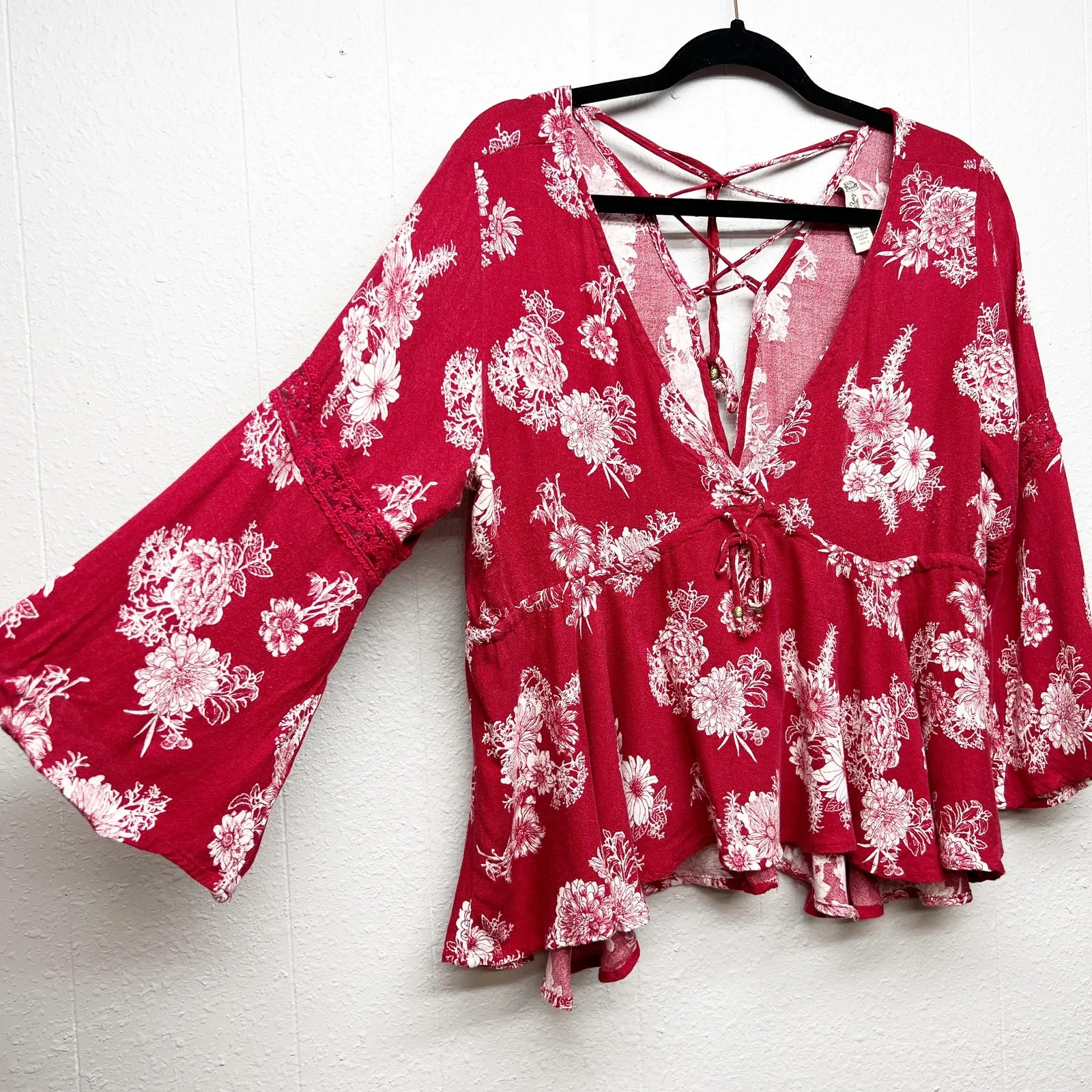 American Rag Floral Red Babydoll Top Womens Large Y2K Grunge Cottagecore Preppy - Image 5
