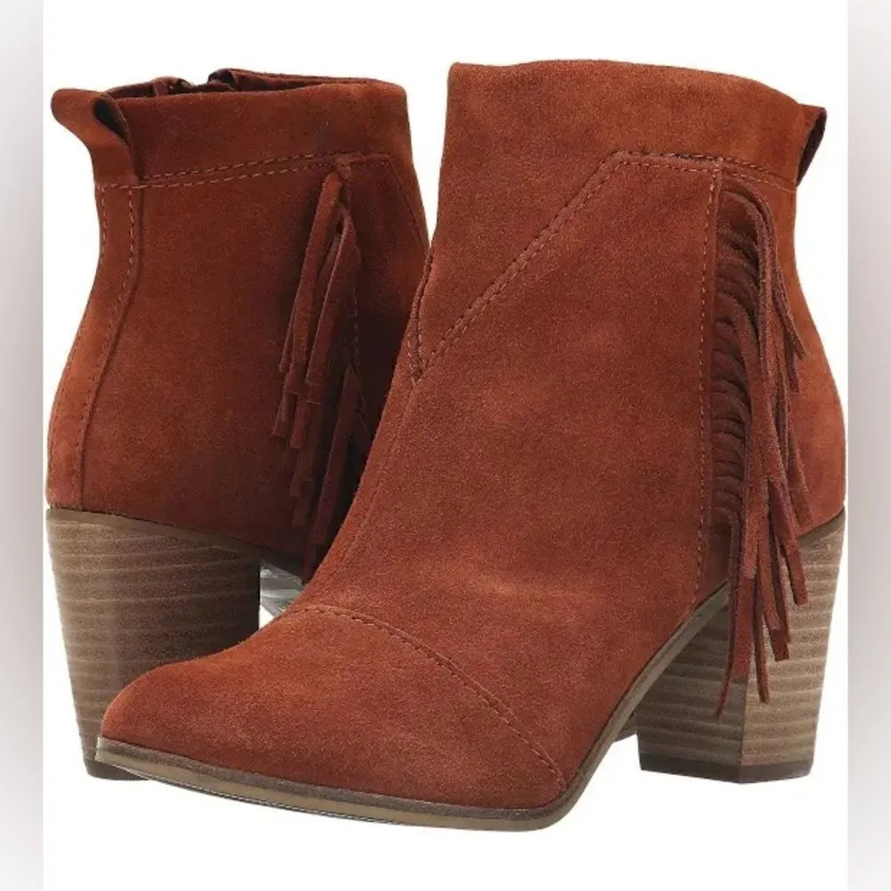 TOMS Lunata Western Boho Tassel Suede Bootie Stacked Block Heel, Brown Size‎ 8.5 - Image 12