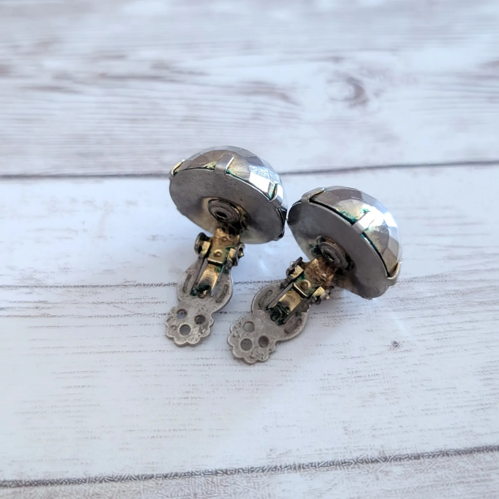 Vintage Clip On Earrings Silver Tone Domed Disco Ball Like - Image 5