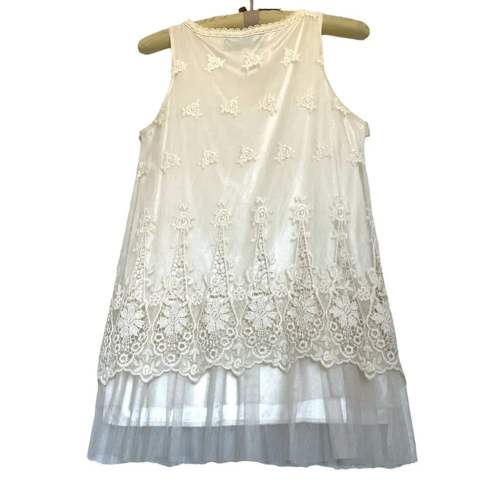 O2 Collection Ivory Satin Lined Embroidered & Lace Mesh Tunic Top with Tulle S - Image 2