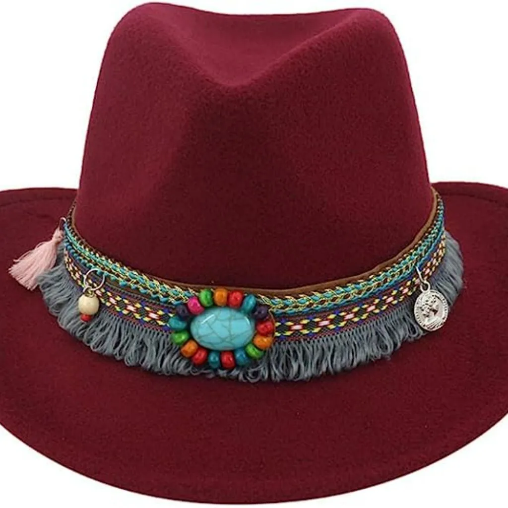 Maroon, Red Western Cowboy, Cowgirl Hat, Bead Tassle Strap, Men Women Wide Brim‎ - Image 4