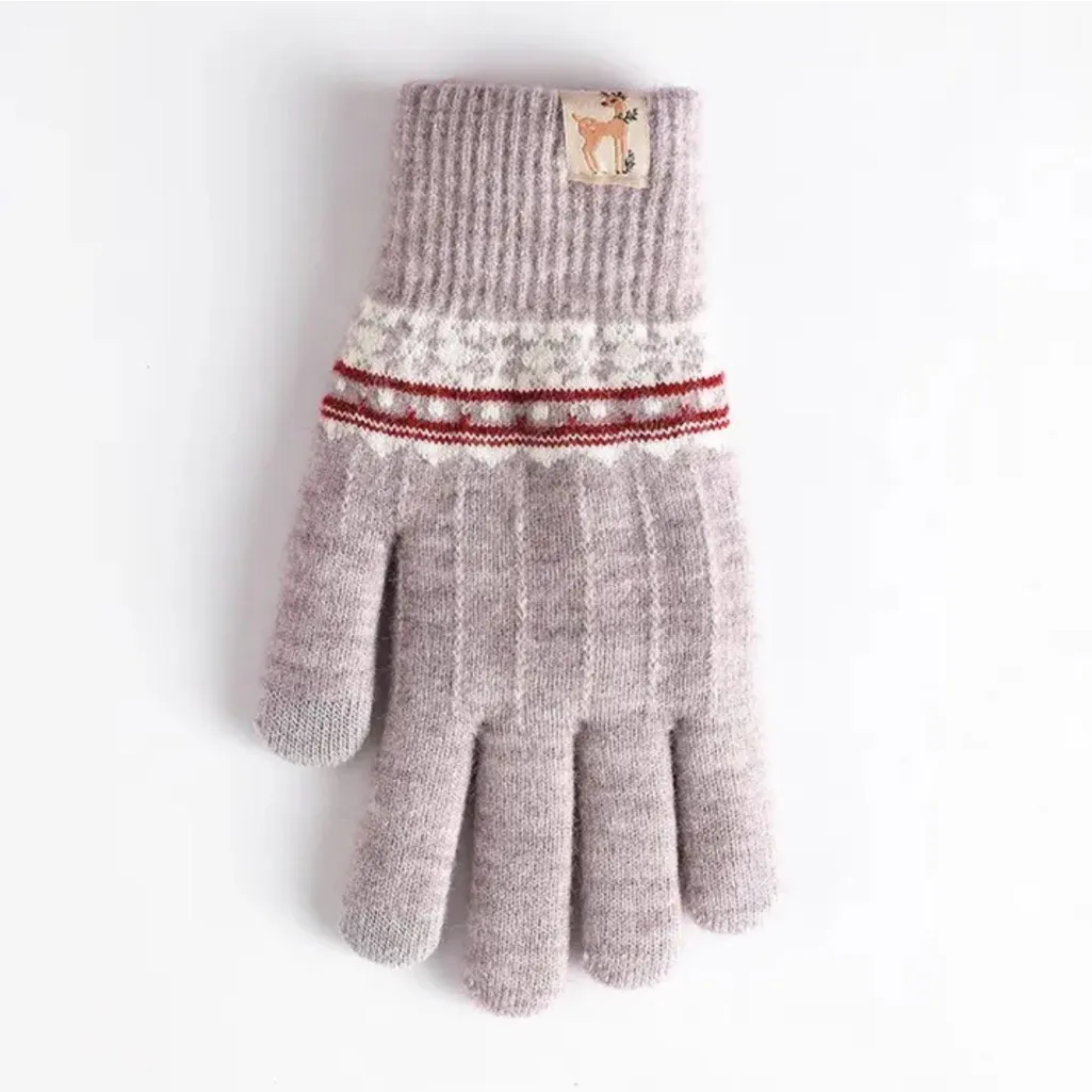 Knit Gloves Gray with Red and White Fair Isle Snowflake Pattern New - Image 3