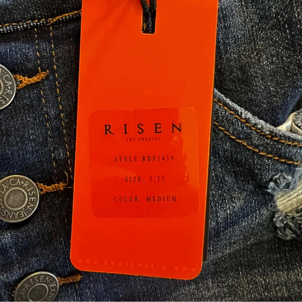 NWT RISEN MID RISE BUTTON FLY DISTRESSED SKINNY JEAN WOMEN’S SIZE 5/27 Blue - Image 7