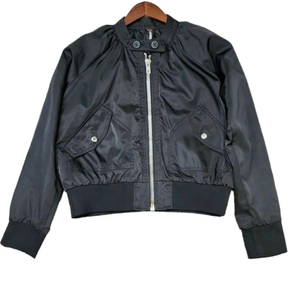 FREE PEOPLE Black Midnight Satin Full Zip Oversized Bomber Jacket L - Image 15