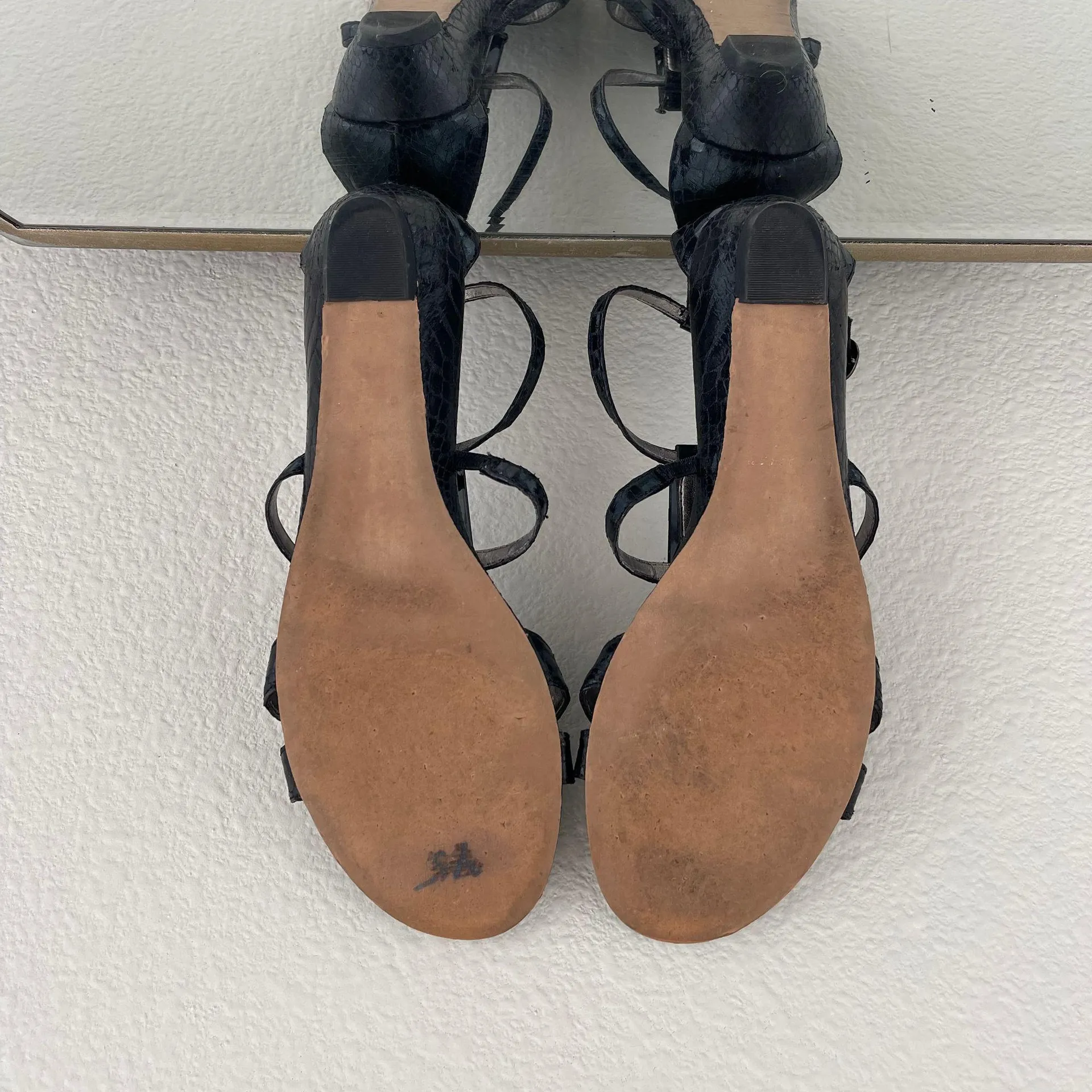 Black Faux Leather Gemstone S-Fiera Strappy Low Heel Sandals - Image 9