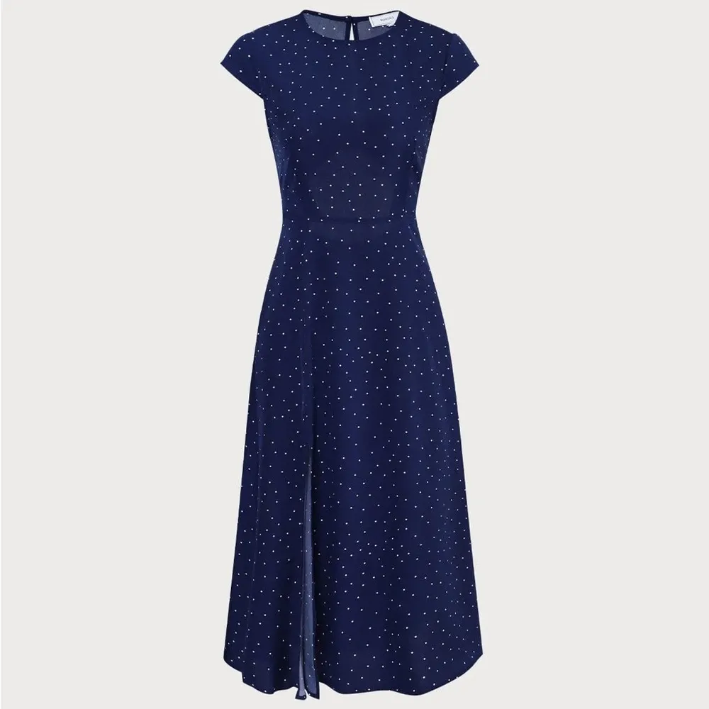 RIHOAS The Navy Round Neck Polka Dot Cutout Midi Dress 74 Blue - Image 7