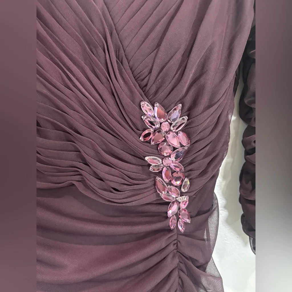 Adrianna Papell Aubergine Embellished 3/4 Sleeve Ruched Formal Gown Size 8 - Image 16