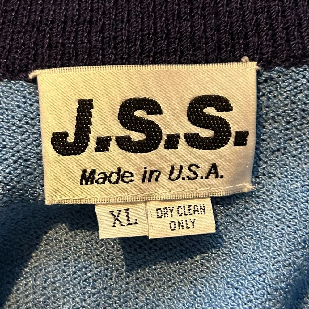 Vintage JSS Blue & Navy 75% Wool & 25% Rayon Full Zip Collared Size XL Cardigan. - Image 6