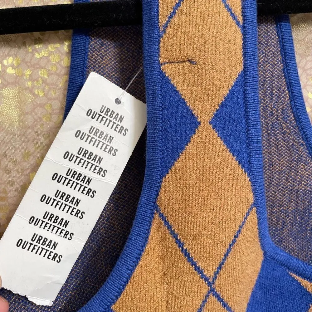 Urban Outfitters Blue Tan High Neck Argyle Mini Sweater Dress, Small NWT - Image 4