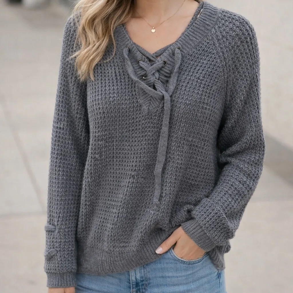 Itโs Our Time Gray Textured Knit Lace-Up Pullover Womenโs Size Medium - Image 1