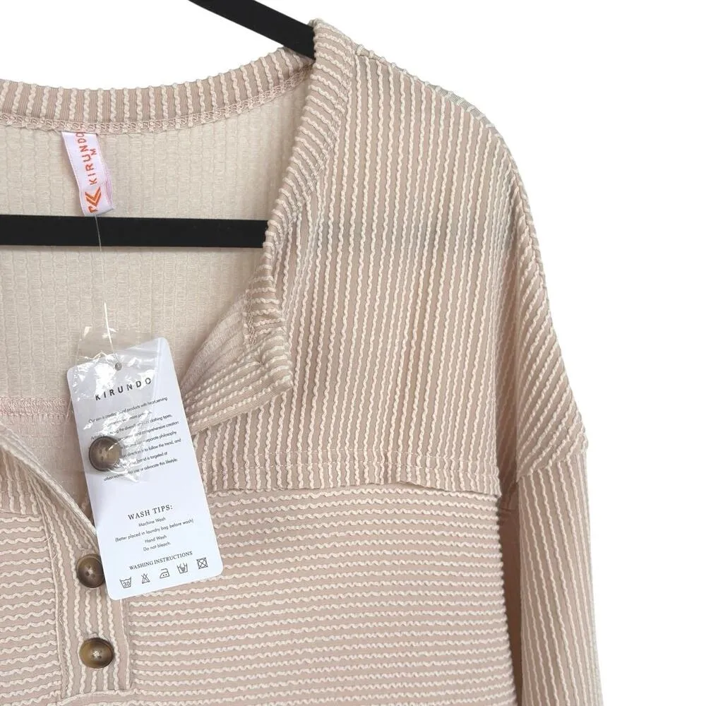 NWT Textured Pastel Henley Blush Pink Comfort Loungewear Blouse Size Medium - Image 3