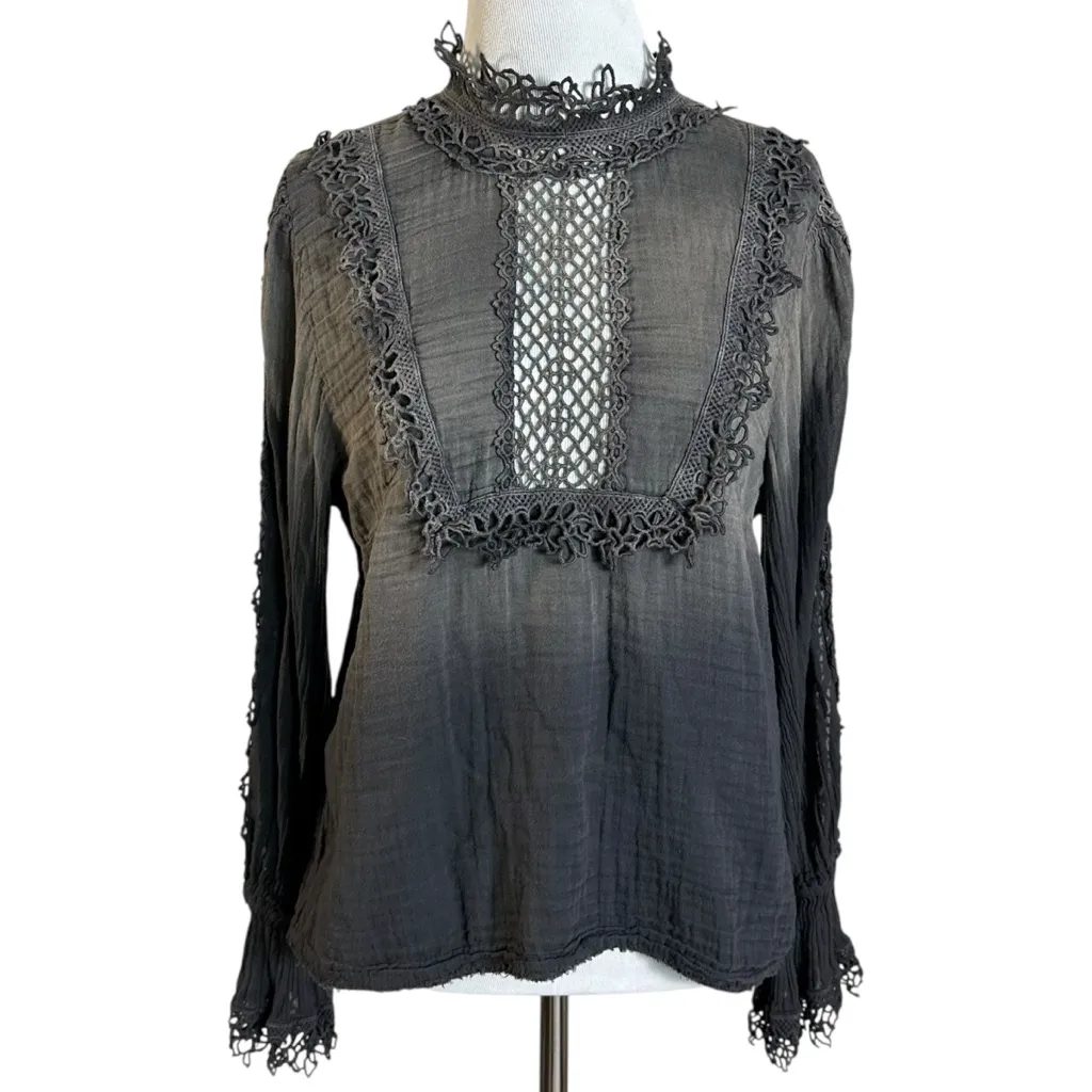 Free People FP One Witchy Edwardian Crochet Lace Blouse Size Medium Ombre Black - Image 14