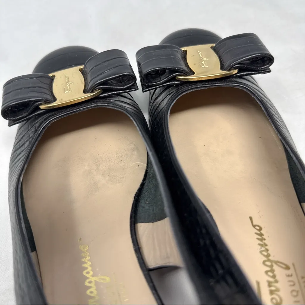 Salvatore Ferragamo Bow Embellished Croc Leather Slingback Low Heels Black 6 - Image 6